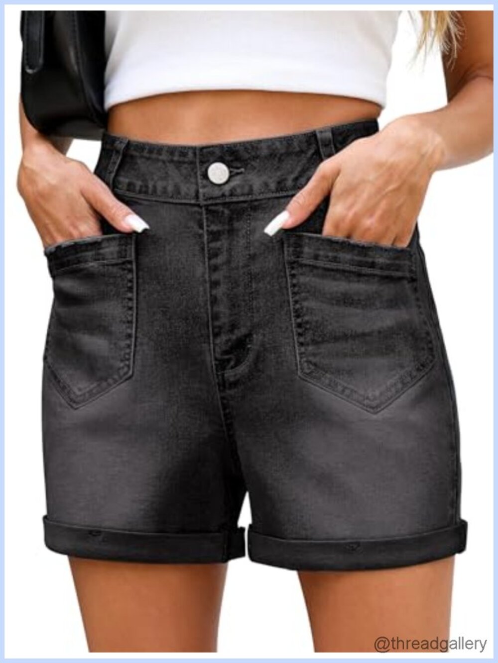 High Waisted Denim Jean Shorts Stretchy Cuffed Hem Pockets Summer Casual